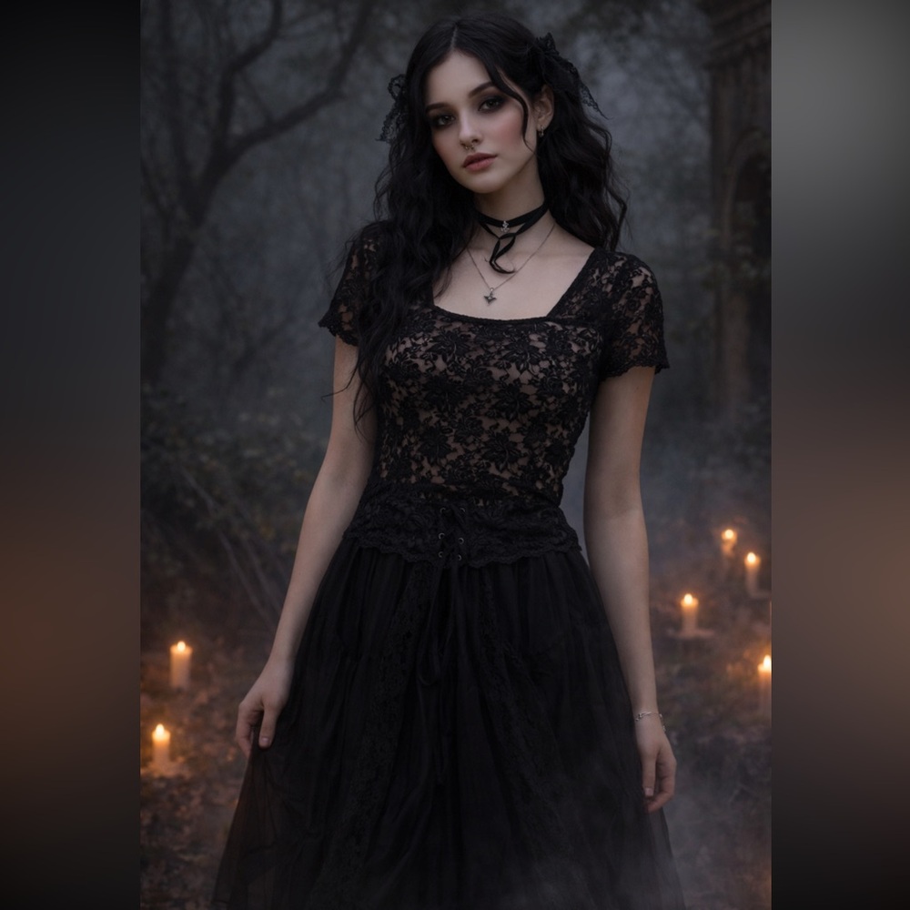 Connected Apparel Black Lace Overlay Square Neck Blouse Goth Whimsigoth ethereal